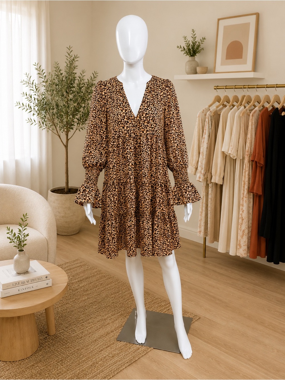 NWOT Pomander Place Brown and Black Leopard-Print Long Sleeve Tiered Dress